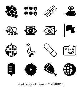 Logo icons set. set of 16 logo filled and outline icons such as tree, mouse toy, grape, blade saw, drop counter, meat, flag, eye scan, elephant, goose, sawing