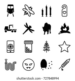 Logo icons set. set of 16 logo filled and outline icons such as chili, buffalo, train, truck with hook, honeycomb, candle, dragonfly, water hose, pine-tree, bee, heart tag