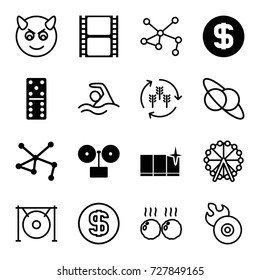 Logo icons set. set of 16 logo filled and outline icons such as domino, clean window, connection, movie tape, dollar coin, harvest, ferris wheel, disc flame, gong, meat