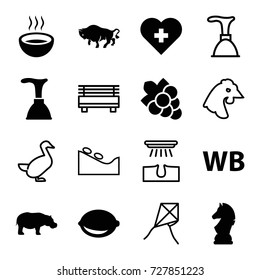 Logo icons set. set of 16 logo filled and outline icons such as buffalo, hippopotamus, grape, plunger, soup, lemon, wb, chess horse, chicken, goose, hair removal, spa stone