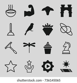 Logo icons set. set of 16 logo filled and outline icons such as goat, sparrow, arch, ice cream in can, raspberry, play in gear, muscular arm, carpet in the sun, dragonfly