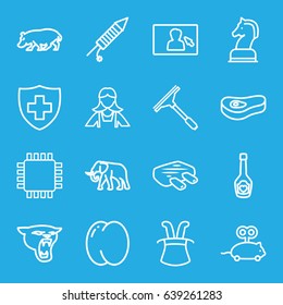 Logo icons set. set of 16 logo outline icons such as elephant, panther, hippopotamus, peach, mouse toy, window squeegee, maid, medical sign, champagne bottle with heart