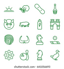 Logo icons set. set of 16 logo outline icons such as elephant, hippopotamus, goose, arch, bra, sun rise, champagne bottle with heart, play in gear, carpet in the sun