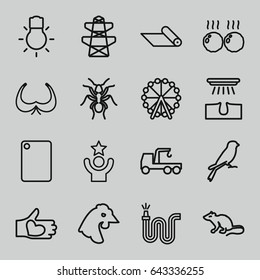 Logo icons set. set of 16 logo outline icons such as mouse, ant, chicken, sparrow, ferris wheel, hair removal, bra, truck with hook, pylon, water hose, hand with heart