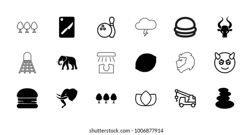 Logo icons. set of 18 editable filled and outline logo icons: elephant, spa stones, burger, chopping board and knife, lotus, truck with hook, devil emot, bowling, tree, bull