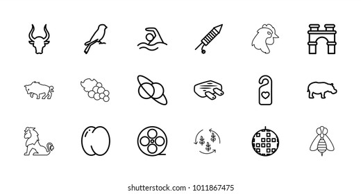 Logo icons. set of 18 editable outline logo icons: peach, bull, sparrow, hippopotamus, arch, disco ball, planet and satellite, heart tag, movie tape, fireworks, meat, swimming