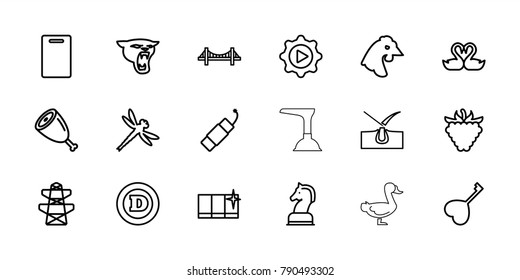Logo icons. set of 18 editable outline logo icons: panther, chicken, bridge, shave hair in skin, cutting board, d letter, clean window, pylon, raspberry, swan heart, heart key