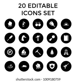 Logo icons. set of 20 editable filled logo icons such as goose, buffalo, beanbag, pool, window squeegee, dust brush, pine-tree. best quality logo elements in trendy style.