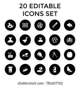 Logo icons. set of 20 editable filled logo icons such as harvest, peach, buffalo, mouse toy, jackpot, window squeegee, disco ball. best quality logo elements in trendy style.