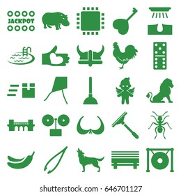 Logo icons set. set of 25 logo filled icons such as lion, ant, chicken, wolf, hippopotamus, bridge, hair removal, tweezers, bra, pool, domino, banana, jackpot, plunger