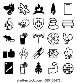 Logo icons set. set of 25 logo filled and outline icons such as chili, hippopotamus, mouse, sawing, pine-tree, cocktail, chopping board and knife, squirrel, chicken, buffalo