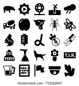 Logo icons set. set of 25 logo filled icons such as peach, panther, squirrel, ant, wolf, hippopotamus, thunder, temple, no hair in skin, sawing, plunger, abacus