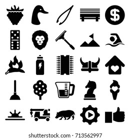 Logo icons set. set of 25 logo filled icons such as chili, tree, lion, goose, hippopotamus, tweezers, domino, plunger, window squeegee, truck with hook, raspberry, sun rise