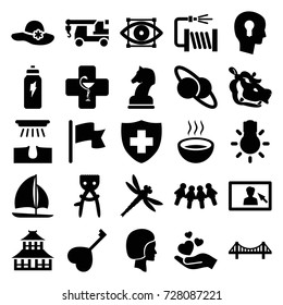 Logo icons set. set of 25 logo filled icons such as hippopotamus, bridge, temple, hair removal, woman hat, truck with hook, soup, water hose, medical sign, hand holding heart