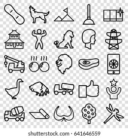 Logo icons set. set of 25 logo outline icons such as lion, buffalo, wolf, goose, tree, temple, bra, plunger, clean window, concrete mixer, truck with hook, pylon, face, meat