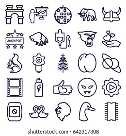 Logo icons set. set of 25 logo outline icons such as lion, goose, buffalo, elephant, panther, squirrel, peach, arch, jackpot, pine-tree, drop counter, hand holding heart