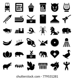 Logo icons. set of 36 editable filled logo icons such as hippopotamus, elephant, buffalo, ant, goose, no hair in skin, shave hair in skin, lotus, banana, cutting board