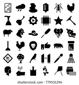 Logo icons. set of 36 editable filled logo icons such as thunder, lion, sheep, sparrow, elephant, chicken, spa stones, woman hat, nail sawing, plunger, window squeegee