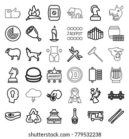 Logo icons. set of 36 editable outline logo icons such as chili, radar, sheep, wolf, elephant, temple, jackpot, truck with hook, chess horse, candle, angel