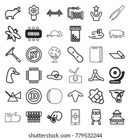 Logo icons. set of 36 editable outline logo icons such as goat, train, hippopotamus, goose, panther, elephant, bridge, temple, woman hat, pool, grape, d letter