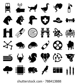 Logo icons. set of 36 editable filled logo icons such as harvest, goose, panther, bull, chicken, buffalo, elephant, bridge, woman hat, sawing, jackpot, bee, ampoule