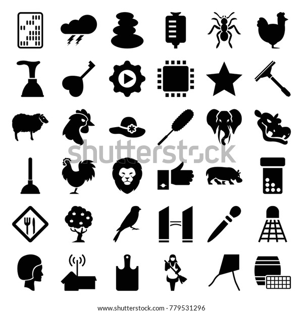 Logo icons. set of 36\
editable filled logo icons such as thunder, lion, sheep, sparrow,\
elephant, chicken, spa stones, woman hat, nail sawing, plunger,\
window squeegee