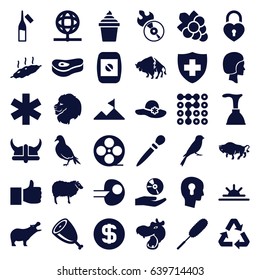 Logo icons set. set of 36 logo filled icons such as hippopotamus, lion, dove, buffalo, sheep, sparrow, woman hat, nail sawing, grape, plunger, dust brush, ice cream in can