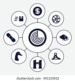 logo icons set. Set of 9 logo filled icons such as goose, buffalo, radar, bridge, waterslide, snow board, dollar coin, disco ball