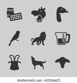 Logo icons set. set of 9 logo filled icons such as goat, hippopotamus, lion, wolf, sparrow, goose, decanted, magic hat