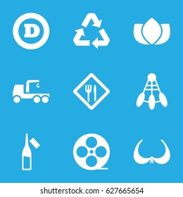 Logo icons set. set of 9 logo filled icons such as lotus, bra, d letter, truck with hook, ampoule, movie tape, restaurant, recycle