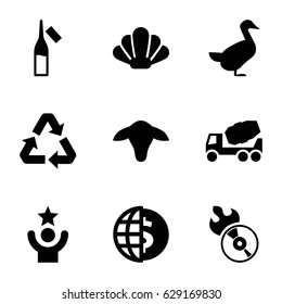 Logo icons set. set of 9 logo filled icons such as goat, goose, concrete mixer, ampoule, disc flame, recycle, shell, celebrity