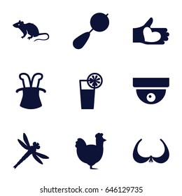 Logo icons set. set of 9 logo filled icons such as mouse, chicken, beanbag, bra, hand with heart, cocktail, dragonfly, magic hat