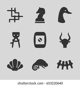 Logo icons set. set of 9 logo filled icons such as goose, bull, chameleon, hair removal, camera display, horse chess, shell, children