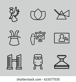 Logo icons set. set of 9 logo outline icons such as train, bridge, lotus, window squeegee, angel, camera display, intersection, teacher