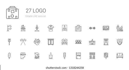logo icons set. Collection of logo with arc, sketchbook, popsicle, paint brush, parrot, creative, castle, seats, beach, drawer, blueberries. Editable and scalable logo icons.