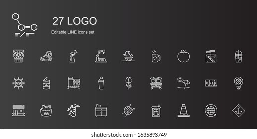 logo icons set. Collection of logo with cone, carpet, wool ball, chest of drawers, saxophone, armor, chicken coop, beach, rose, shaker, peas. Editable and scalable logo icons.