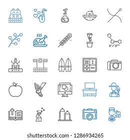 logo icons set. Collection of logo with driver, camera, silo, spray, bible, farmer, cupboard, graphic design, hermes, apple, math, surfboard. Editable and scalable logo icons.