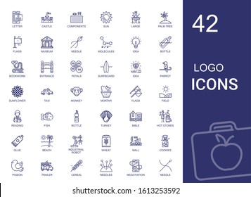 logo icons set. Collection of logo with letter, castle, components, sun, large, palm tree, flags, museum, needle, molecules, idea, bottle, bookworm. Editable and scalable logo icons.