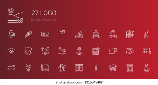 logo icons set. Collection of logo with school bus, wheat, drawer, wind turbine, graphic tablet, idea, pencil case, mug, newspaper, panels, beach. Editable and scalable logo icons.