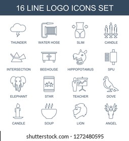 logo icons. Trendy 16 logo icons. Contain icons such as thunder, water hose, slim, candle, intersection, beehouse, hippopotamus, spu, elephant, star. logo icon for web and mobile.