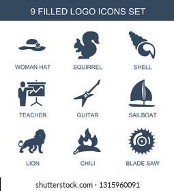 logo icons. Trendy 9 logo icons. Contain icons such as woman hat, squirrel, shell, teacher, guitar, sailboat, lion, chili, blade saw. logo icon for web and mobile.