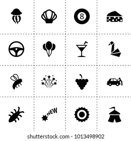 Logo icons. vector collection filled logo icons. includes symbols such as grapes, sun, bee, cheese, steering wheel, car repair, bug, circus. use for web, mobile and ui design.