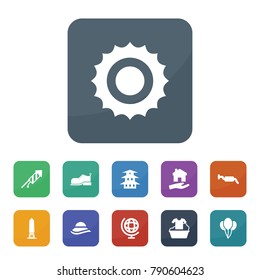 Logo icons. vector collection filled logo icons such as sun, muffler, house clean, clothes washing, balloon, fireworks, boot, globe, chinese building, lighthouse