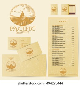 Logo and identity seafood restaurant. Menu, envelope, business card, matches.