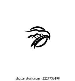 logo illustration of 3 houses, a road and an eagle
