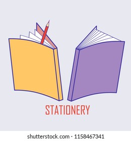 logo illustration about  school supplies. Vector image of stationery: book, notepad and pencil. Suitable for web and printed production. eps8