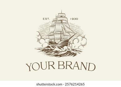 logo illustration of an ancient sea ship in vintage engraving style