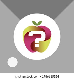 The logo is an illustration of an apple in the middle forming the question. Three-dimensional