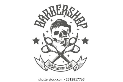 Logo illustration for barbershop vector eps skull head with hair and crossed scissors for barbershop logo or name design retro vintage style silhouette black white
