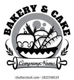 a logo with an illustration of a basket containing various types of bread and cakes, great for use as a logo for a bakery and cake or a wheat-based processed food factory.